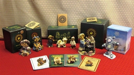 SEVEN COLLECTIBLE BOYDS BEARS FIGURINES, 3 PINS & A CUTE MAGNET
