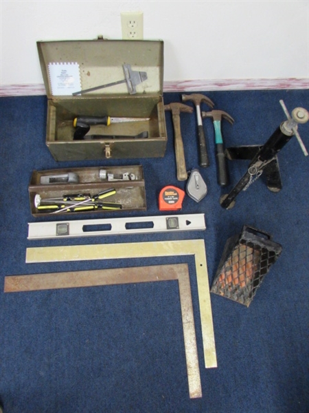 METAL TOOLBOX WITH A WIDE ASSORTMENT OF TOOLS & A JACK FOR AROUND THE HOUSE JOBS