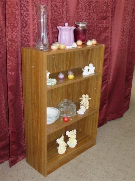 THREE SHELF BOOK CASE WITH LOTS OF STORAGE SPACE WITH CANDLES, VASES, ANGELS & MORE