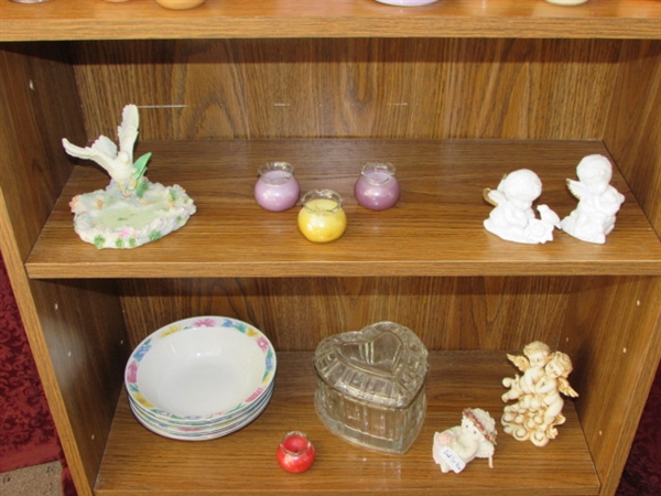 THREE SHELF BOOK CASE WITH LOTS OF STORAGE SPACE WITH CANDLES, VASES, ANGELS & MORE