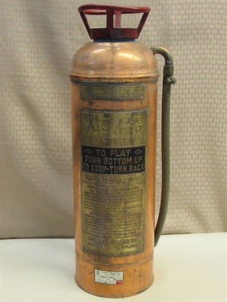 AWESOME VINTAGE BRASS & COPPER BUFFALO FIRE EXTINGUISHER