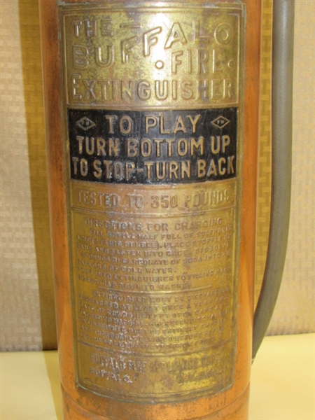 AWESOME VINTAGE BRASS & COPPER BUFFALO FIRE EXTINGUISHER