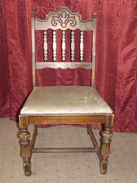 BEAUTIFUL ANTIQUE SIDE CHAIR WITH LOVELY CARVED DETAILS & UPHOLSTERED SEAT