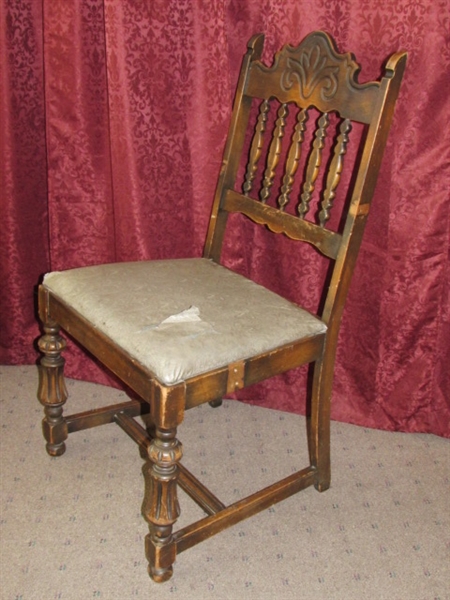 BEAUTIFUL ANTIQUE SIDE CHAIR WITH LOVELY CARVED DETAILS & UPHOLSTERED SEAT