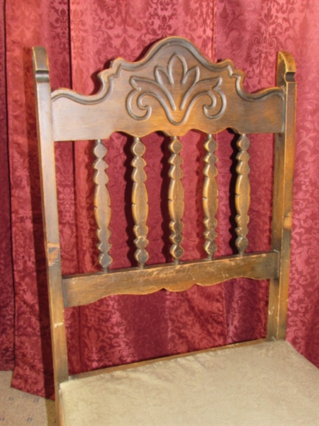 BEAUTIFUL ANTIQUE SIDE CHAIR WITH LOVELY CARVED DETAILS & UPHOLSTERED SEAT