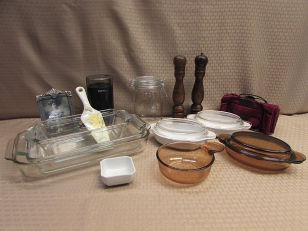 GLASS OVENWARE - PYREX, CORNING VISIONWARE, ANCHOR HOCKING, WOOD SALT & PEPPER SET, COFFEE GRINDER & MORE