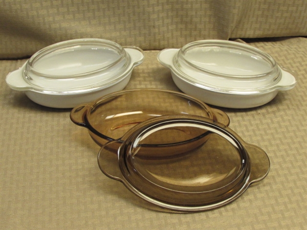 GLASS OVENWARE - PYREX, CORNING VISIONWARE, ANCHOR HOCKING, WOOD SALT & PEPPER SET, COFFEE GRINDER & MORE