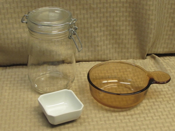 GLASS OVENWARE - PYREX, CORNING VISIONWARE, ANCHOR HOCKING, WOOD SALT & PEPPER SET, COFFEE GRINDER & MORE