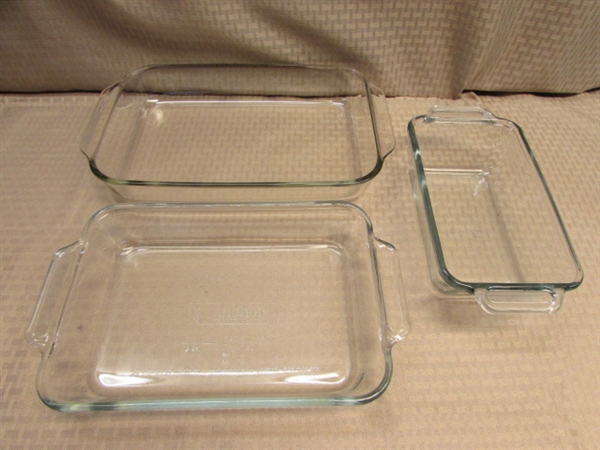 GLASS OVENWARE - PYREX, CORNING VISIONWARE, ANCHOR HOCKING, WOOD SALT & PEPPER SET, COFFEE GRINDER & MORE