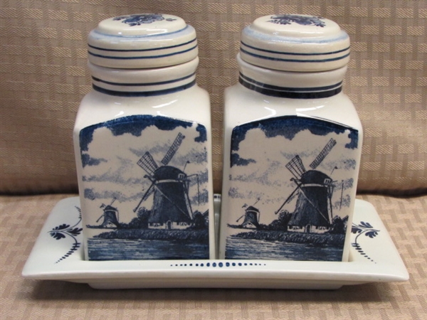 RARE, PRETTY VINTAGE DELFTS BLAUW (DELFT BLUE) HAND PAINTED CANISTERS & TRAY-MADE IN HOLLAND