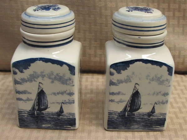 RARE, PRETTY VINTAGE DELFTS BLAUW (DELFT BLUE) HAND PAINTED CANISTERS & TRAY-MADE IN HOLLAND