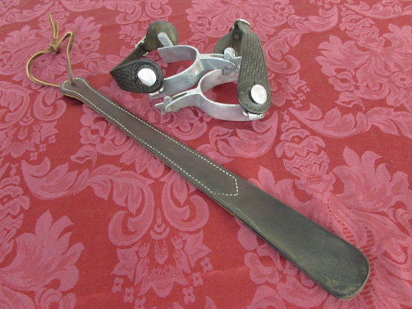 COWBOY SPURS WITH STAR ROWELS & A RIDING BAT/CROP