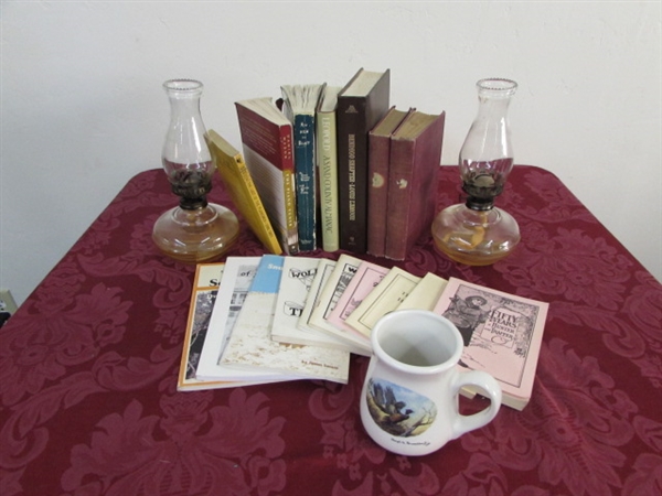 CABIN FEVER CURE & DÉCOR- TWO 10 OIL LAMPS, HUNTING & ADVENTURE BOOKS & COCOA MUG