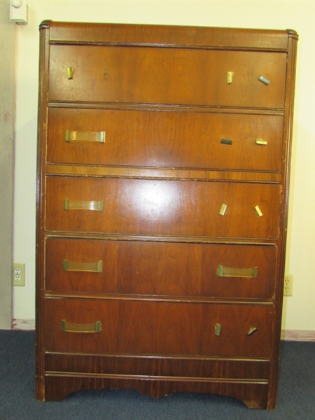 ANTIQUE ART DECO WATER FALL FIVE DRAWER HIGHBOY DRESSER