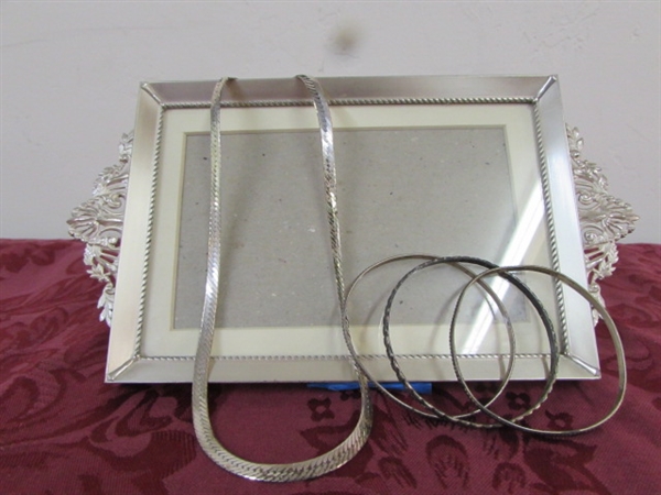 ELEGANT SILVER PICTURE FRAME/TRAY WITH STERLING SILVER JEWELRY & MORE