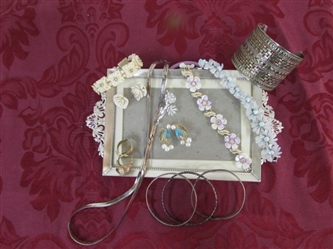 ELEGANT SILVER PICTURE FRAME/TRAY WITH STERLING SILVER JEWELRY & MORE