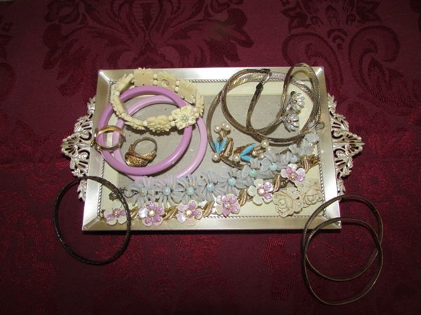 ELEGANT SILVER PICTURE FRAME/TRAY WITH STERLING SILVER JEWELRY & MORE