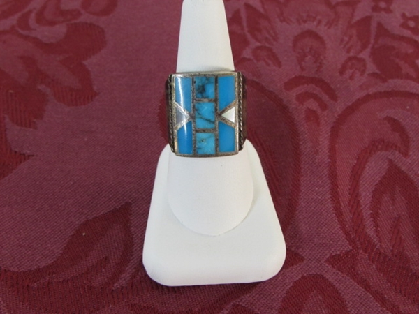 MENS OLD PAWN  INLAID TURQUOISE RING