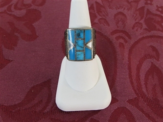 MENS "OLD PAWN"  INLAID TURQUOISE RING