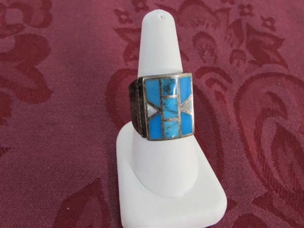 MENS OLD PAWN  INLAID TURQUOISE RING