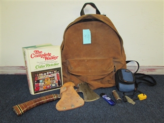 LEATHER BACK PACK WITH THE COMPLETE WALKER BOOK, ESTWING HATCHET & FIRE STARTERS