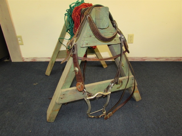 NEAT WESTERN LEATHER BRIDLE WITH SILVER PLATE CONCHOS, BIT & REINS PLUS 2 HAY NETS & A WOODEN SAW HORSE TO HOLD YOUR STUFF.