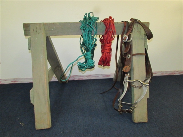 NEAT WESTERN LEATHER BRIDLE WITH SILVER PLATE CONCHOS, BIT & REINS PLUS 2 HAY NETS & A WOODEN SAW HORSE TO HOLD YOUR STUFF.