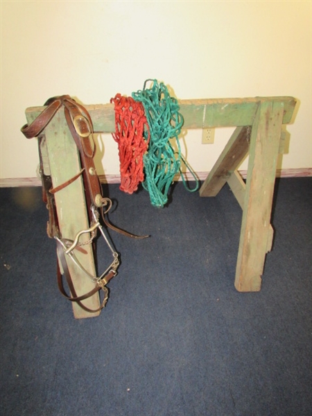 NEAT WESTERN LEATHER BRIDLE WITH SILVER PLATE CONCHOS, BIT & REINS PLUS 2 HAY NETS & A WOODEN SAW HORSE TO HOLD YOUR STUFF.