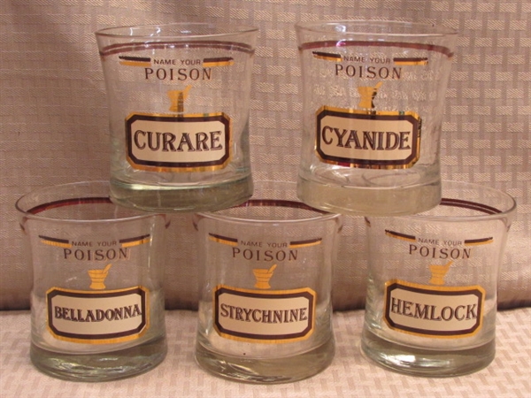 WHAT'S YOUR POISON?  FIVE FABULOUSLY CLEVER, NEVER USED GLASSES WITH 22K GOLD DETAIL & TUXEDO MIXER