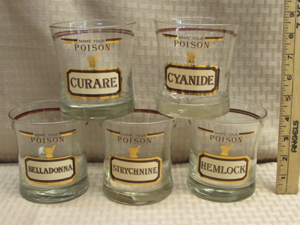 WHAT'S YOUR POISON?  FIVE FABULOUSLY CLEVER, NEVER USED GLASSES WITH 22K GOLD DETAIL & TUXEDO MIXER