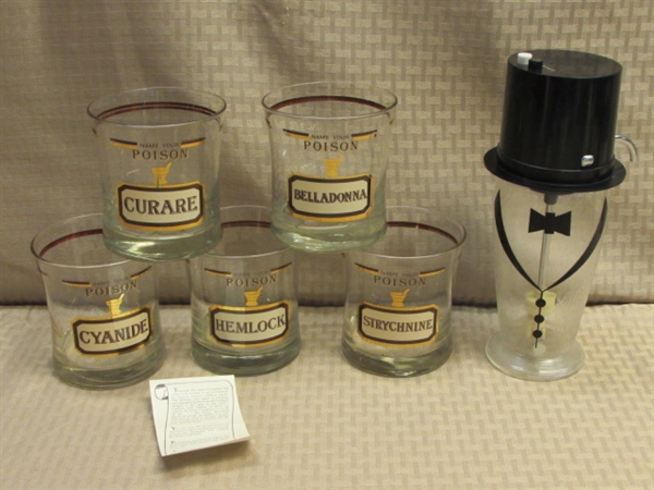 WHAT'S YOUR POISON?  FIVE FABULOUSLY CLEVER, NEVER USED GLASSES WITH 22K GOLD DETAIL & TUXEDO MIXER