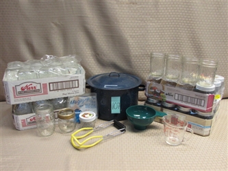 OODLES OF CANNING SUPPLIES-ENAMELWARE STOCK POT, KERR & BALL JARS, GRABBERS, FUNNEL & MORE