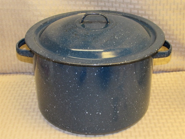 OODLES OF CANNING SUPPLIES-ENAMELWARE STOCK POT, KERR & BALL JARS, GRABBERS, FUNNEL & MORE