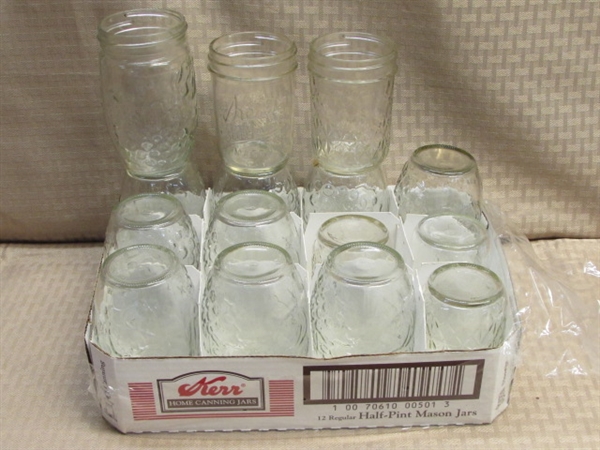 OODLES OF CANNING SUPPLIES-ENAMELWARE STOCK POT, KERR & BALL JARS, GRABBERS, FUNNEL & MORE