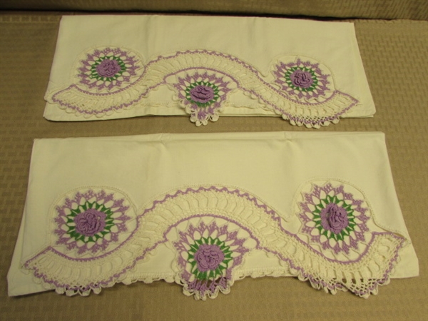 TWO NEVER USED PILLOW CASES WITH EXPERTLY DONE CROCHET LACE DETAILS