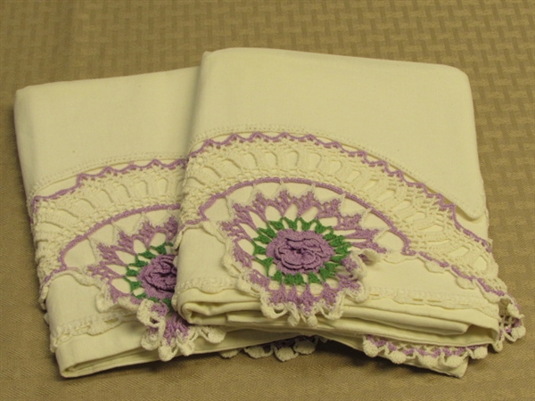 TWO NEVER USED PILLOW CASES WITH EXPERTLY DONE CROCHET LACE DETAILS