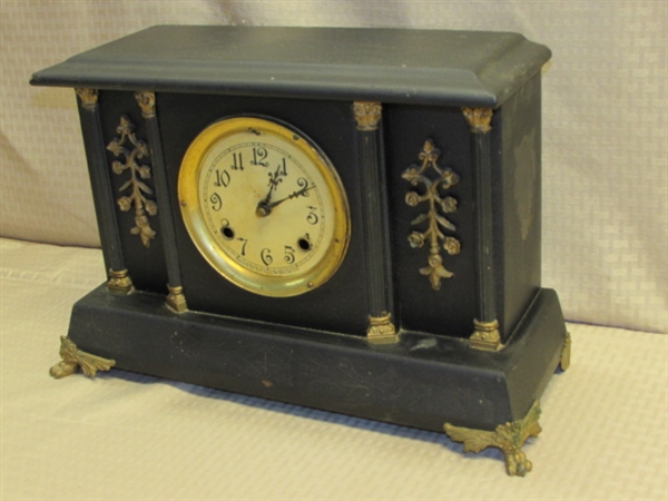 ANTIQUE GOTHIC NEW HAVEN CLOCK CO. MANTLE CLOCK-CAST METAL FEET & EMBELLISHMENTS