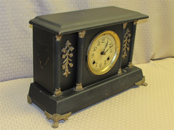 ANTIQUE GOTHIC NEW HAVEN CLOCK CO. MANTLE CLOCK-CAST METAL FEET & EMBELLISHMENTS