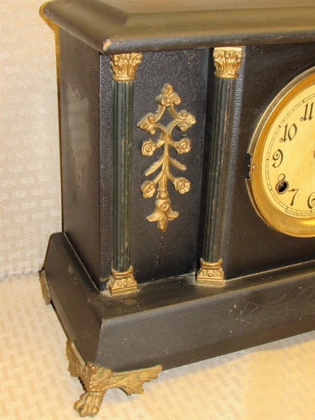 ANTIQUE GOTHIC NEW HAVEN CLOCK CO. MANTLE CLOCK-CAST METAL FEET & EMBELLISHMENTS