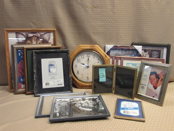 OVER A DOZEN PHOTO FRAMES, MOST NEW & HANDSOME WOOD FRAMED WALL CLOCK