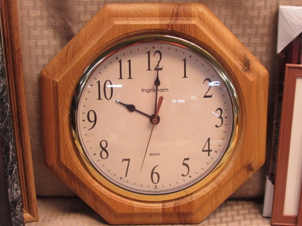 OVER A DOZEN PHOTO FRAMES, MOST NEW & HANDSOME WOOD FRAMED WALL CLOCK