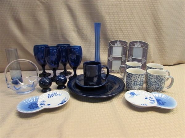 VIBRANT BLUE GLASSWARE-GOBLETS, FIESTA WARE, ITALIAN VASE, STAINED GLASS PHOTO FRAME & MORE