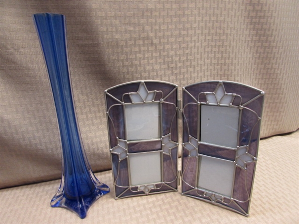 VIBRANT BLUE GLASSWARE-GOBLETS, FIESTA WARE, ITALIAN VASE, STAINED GLASS PHOTO FRAME & MORE