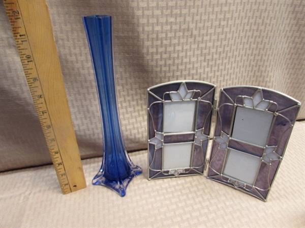 VIBRANT BLUE GLASSWARE-GOBLETS, FIESTA WARE, ITALIAN VASE, STAINED GLASS PHOTO FRAME & MORE