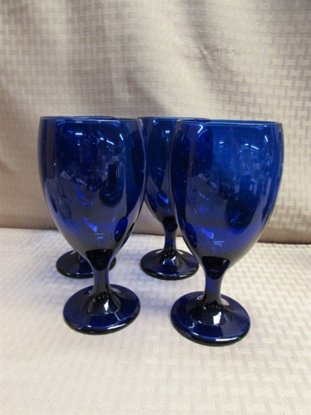 VIBRANT BLUE GLASSWARE-GOBLETS, FIESTA WARE, ITALIAN VASE, STAINED GLASS PHOTO FRAME & MORE