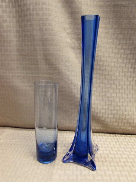 VIBRANT BLUE GLASSWARE-GOBLETS, FIESTA WARE, ITALIAN VASE, STAINED GLASS PHOTO FRAME & MORE