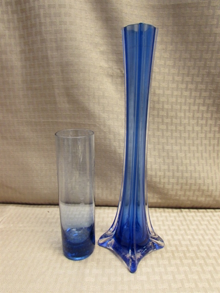 VIBRANT BLUE GLASSWARE-GOBLETS, FIESTA WARE, ITALIAN VASE, STAINED GLASS PHOTO FRAME & MORE