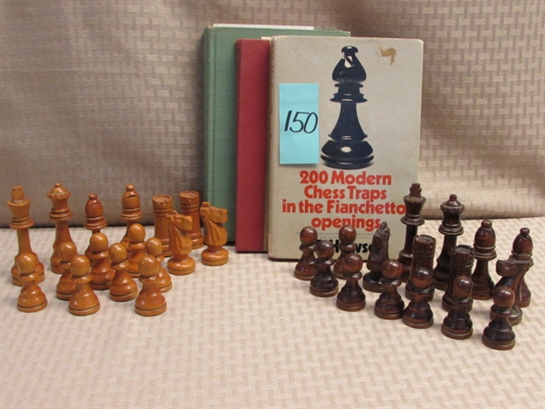 VINTAGE HAND CARVED CHESS PIECES, ALL 32 & 3 VINTAGE BOOKS ON CHESS STRATEGY