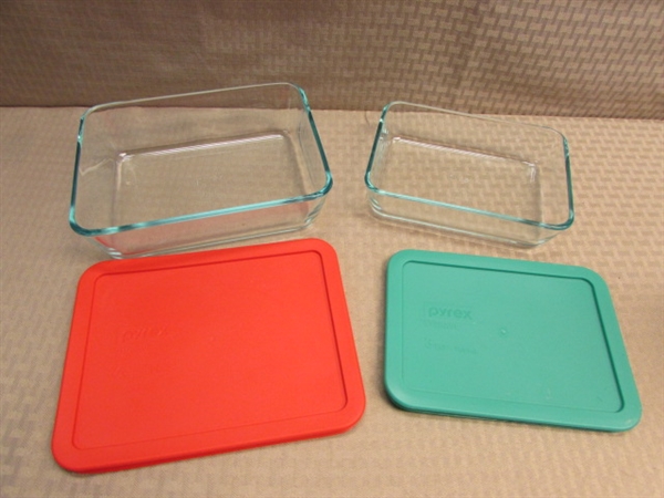 FROM PREP TO OVEN TO FRIDGE IN A SNAP!  FIVE NICE GLASS PYREX STORAGE CONTAINERS WITH COLORFUL LIDS