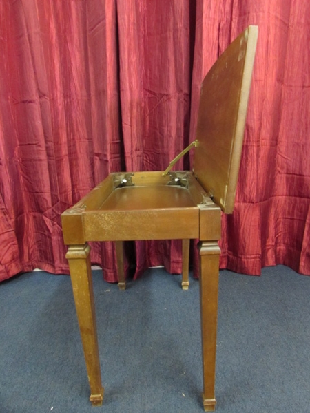 VINTAGE SOLID WOOD PIANO BENCH WITH REMOVABLE PADDED SEAT